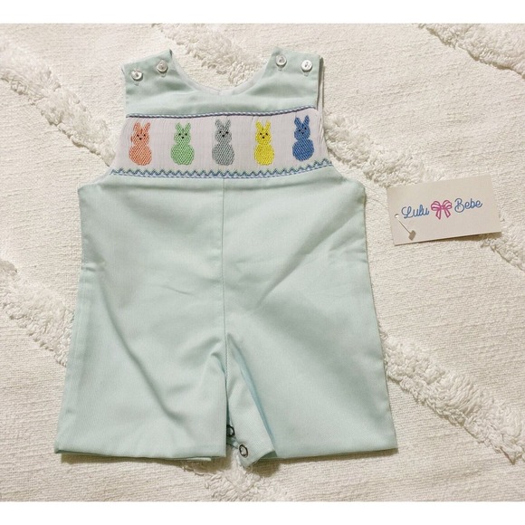 NWT Lulu Bebe Smocked Mint Peeps Easter/Spring Jon Jon - Shortalls NB 0mos - Picture 5 of 6